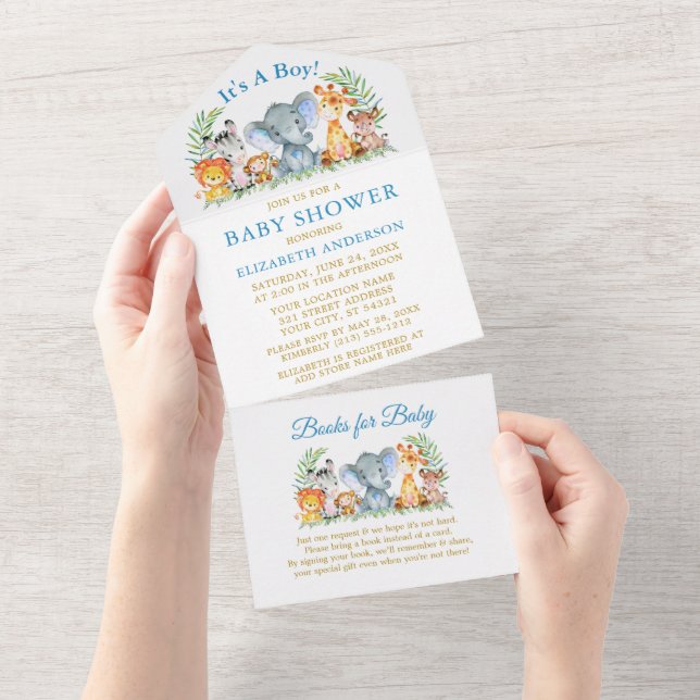 Safari Animals Blue Gold Baby Shower and Books  All In One Invitation (Tearaway)