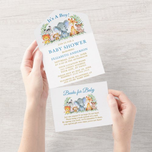 Safari Animals Blue Gold Baby Shower and Books  All In One Invitation