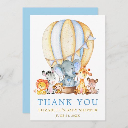 Safari Animals Blue Hot Air Balloon Baby Shower Thank You Card