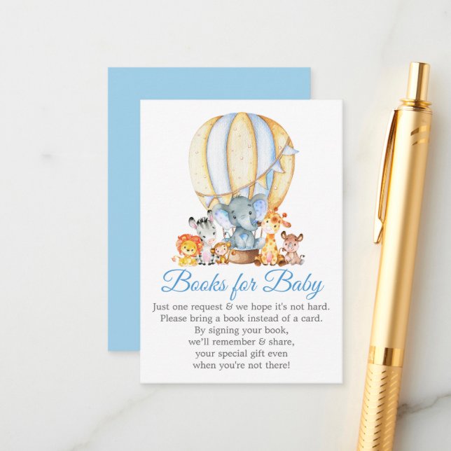 Safari Animals Books For Baby Blue Balloon Shower Enclosure Card (Front/Back In Situ)