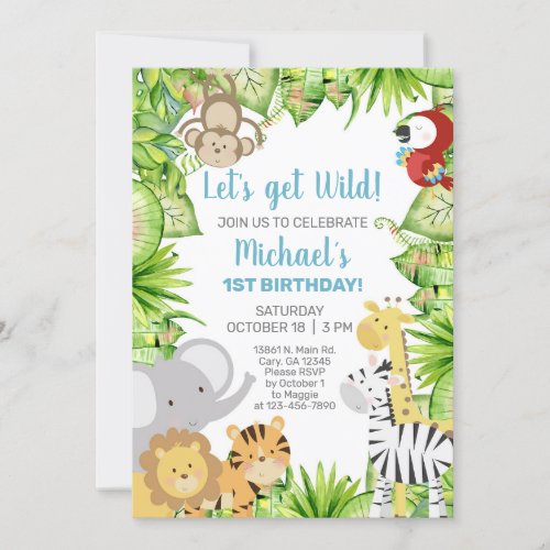 Safari animals boy 1st first birthday invite invi invitation