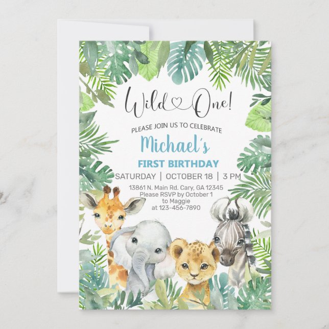 Safari animals boy 1st first birthday invite. invitation (Front)