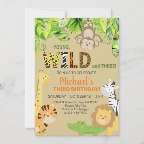 Safari animals boy 3rd third birthday invite invitation
