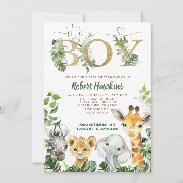 Safari Animals Boy Baby Shower Invitation (Front)