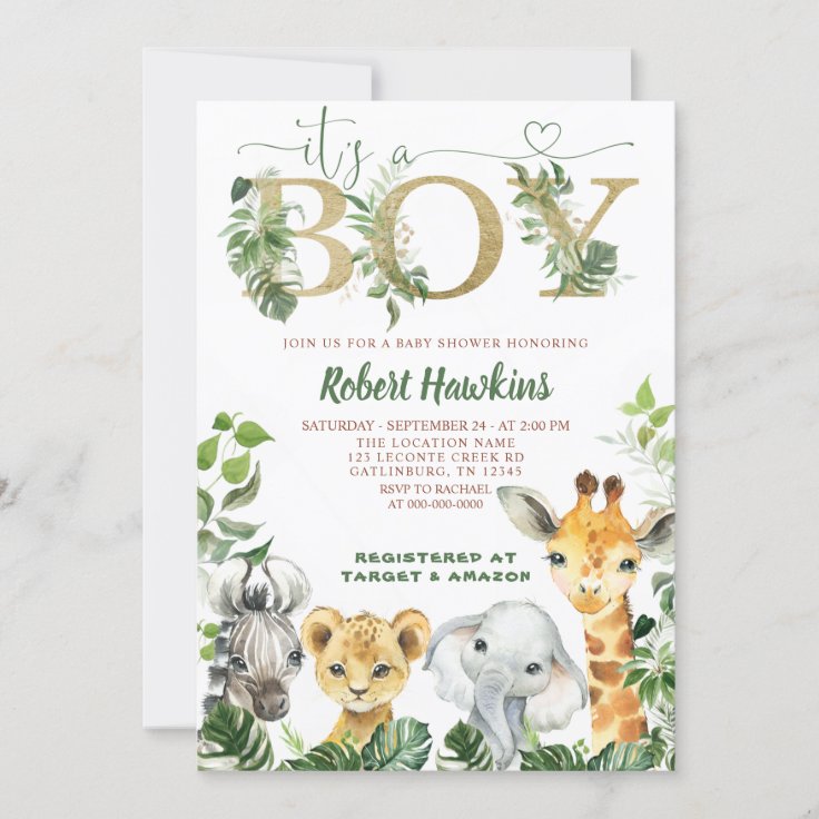 Safari Animals Boy Baby Shower Invitation | Zazzle