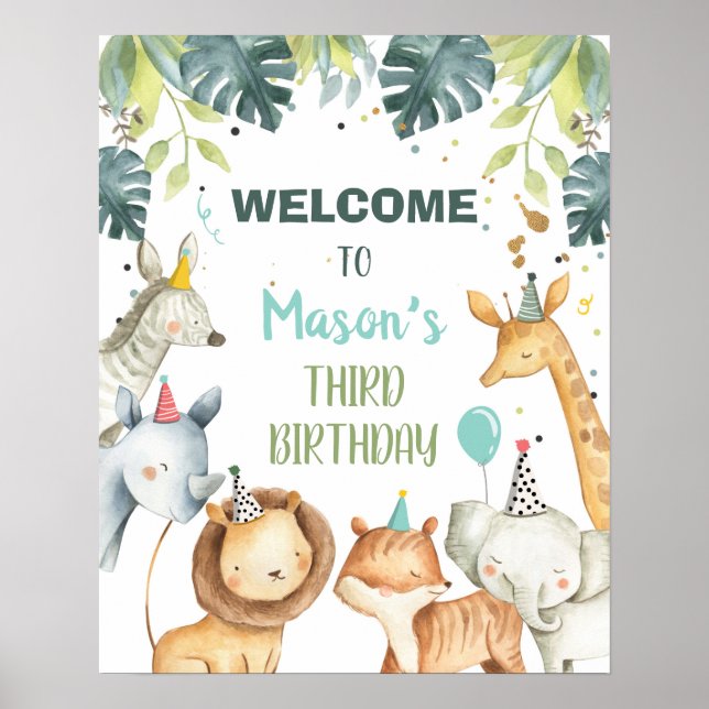 Safari Animals Boy Birthday Welcome Table Sign (Front)