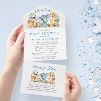 Safari Animals Boy Blue Baby Shower And Books All In One Invitation by HappyMemoriesKidsCo at Zazzle