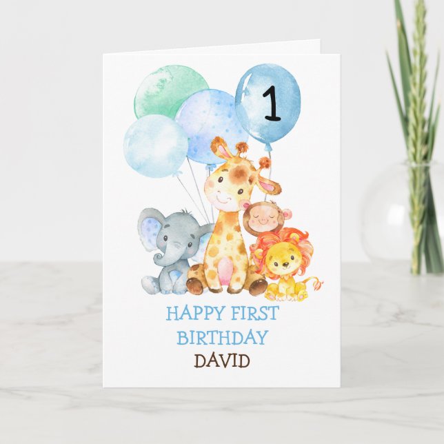 Safari Animals Boy Fist Birthday Cute 1st Birthday Card (Front)