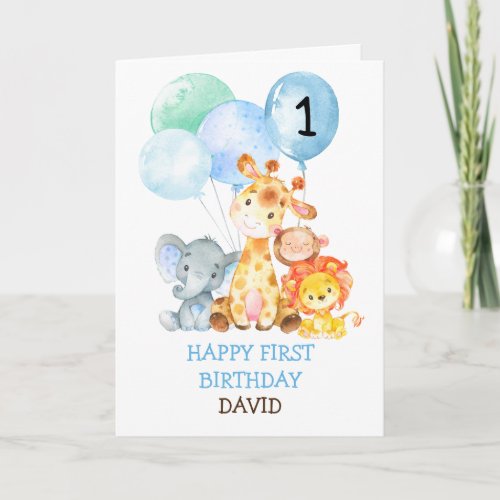 Safari Animals Boy Fist Birthday Cute 1st Birthday Card