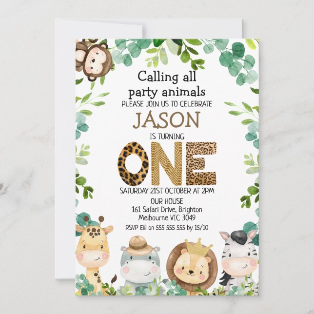 Safari Animals Calling Party Animals 1st Birthday Invitation (Front)