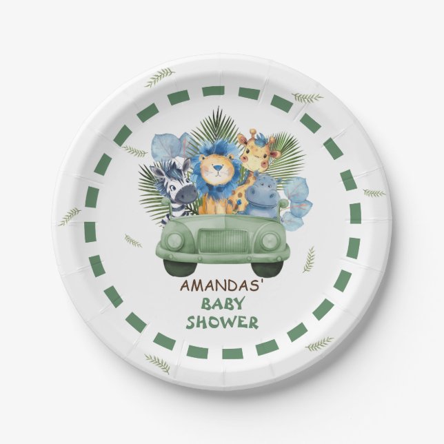 Safari Animals Car Boy Baby Shower Paper Plates (Front)