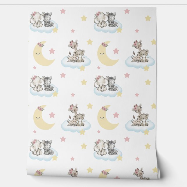 Safari Animals Clouds Stars Moon Baby Girl Nursery Wallpaper (Unrolling)