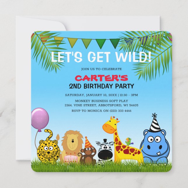 Safari Animals Colorful Kids Birthday Party Invitation (Front)