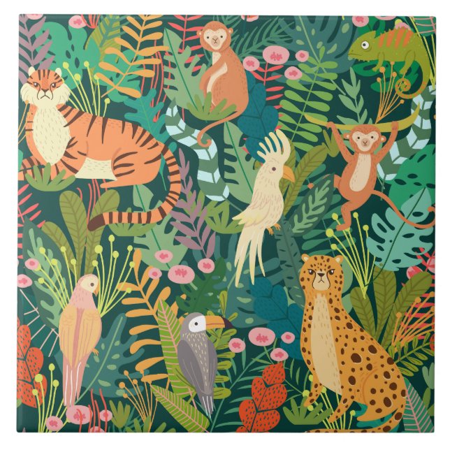 Safari animals colorful pattern ceramic tile (Front)