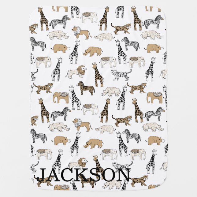 Safari Animals Custom Name Baby Blanket (Front)