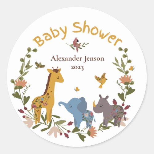 Safari Animals Cute Foliage Baby Shower  Classic Round Sticker