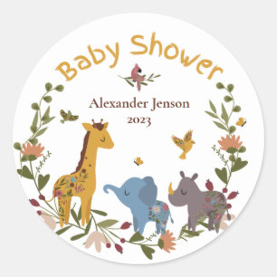 Safari Animals Cute Foliage Baby Shower  Classic Round Sticker