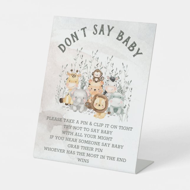 Safari Animals Don't Say Baby Shower Game Pedestal Sign (Front)