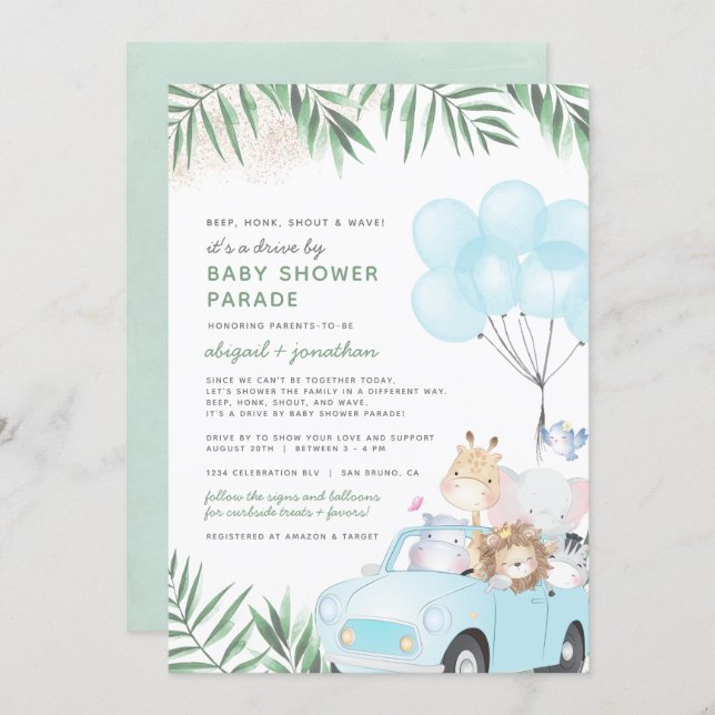 Safari Animals Drive By Baby Boy Shower Invitation (Front/Back)