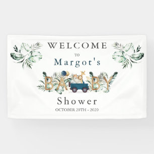 Safari Animals Drive By Baby Shower Greenery Gold Banner