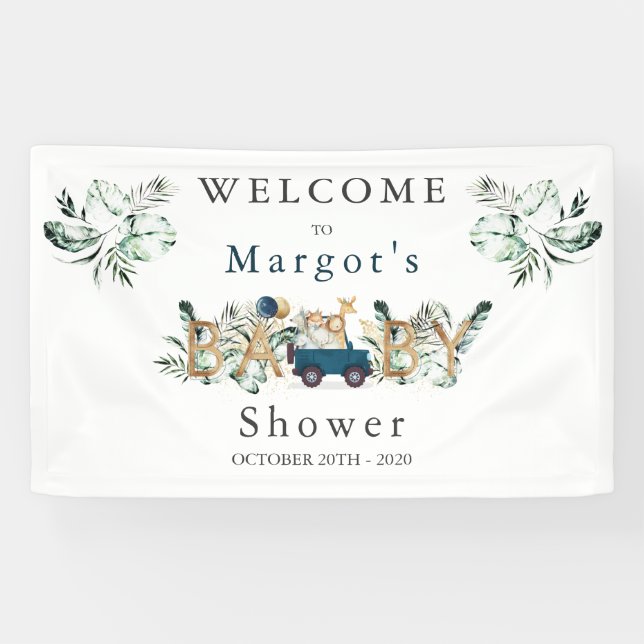 Safari Animals Drive By Baby Shower Greenery Gold Banner (Horizontal)