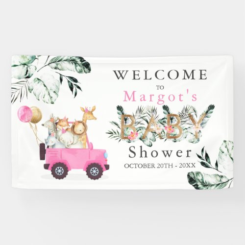 Safari Animals Drive By Baby Shower Greenery Gold Banner