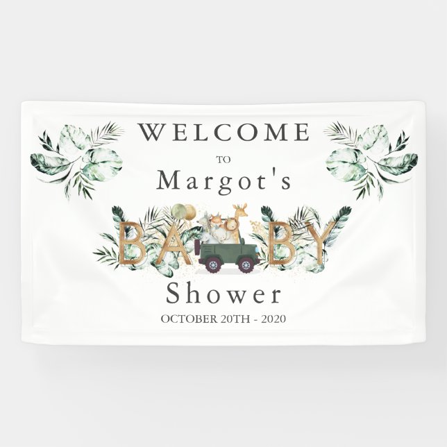 Safari Animals Drive By Baby Shower Greenery Gold Banner (Horizontal)