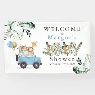 Safari Animals Drive By Baby Shower Greenery Gold Banner