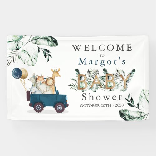 Safari Animals Drive By Baby Shower Greenery Gold Banner