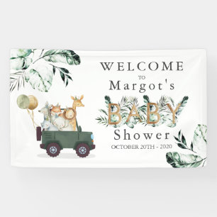 Safari Animals Drive By Baby Shower Greenery Gold Banner