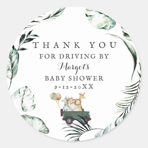 Safari Animals Drive By Baby Shower Greenery Gold Classic Round Sticker