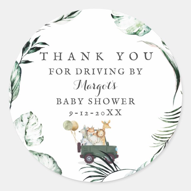 Safari Animals Drive By Baby Shower Greenery Gold Classic Round Sticker (Front)