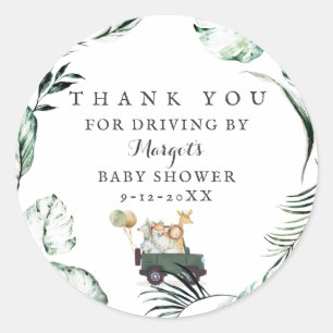 Safari Animals Drive By Baby Shower Greenery Gold Classic Round Sticker