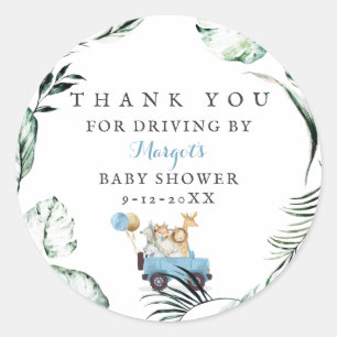 Safari Animals Drive By Baby Shower Greenery Gold Classic Round Sticker