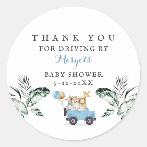 Safari Animals Drive By Baby Shower Greenery Gold Classic Round Sticker