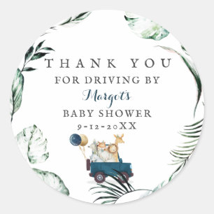 Safari Animals Drive By Baby Shower Greenery Gold Classic Round Sticker