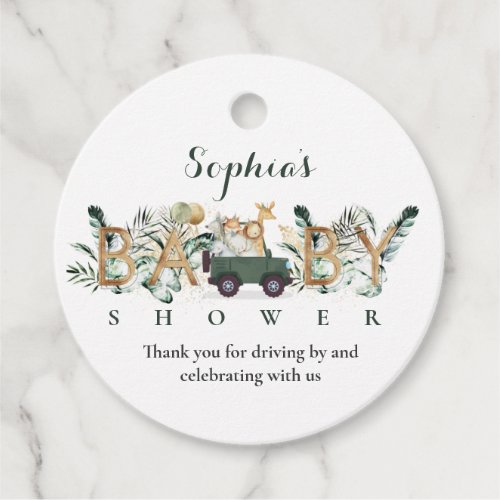 Safari Animals Drive By Baby Shower Greenery Gold Favor Tags