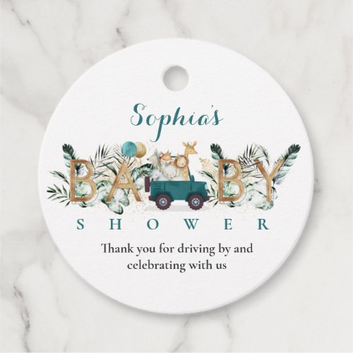 Safari Animals Drive By Baby Shower Greenery Gold Favor Tags