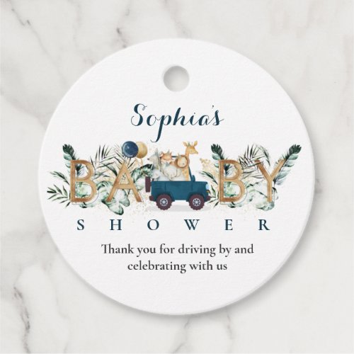 Safari Animals Drive By Baby Shower Greenery Gold Favor Tags