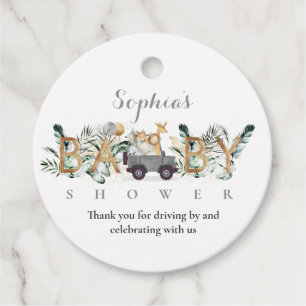 Safari Animals Drive By Baby Shower Greenery Gold Favor Tags