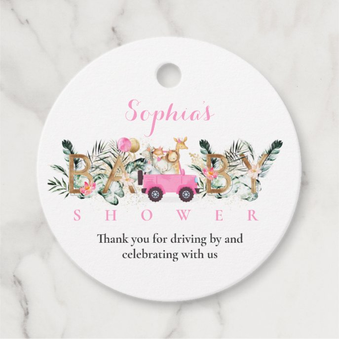 Safari Animals Drive By Baby Shower Greenery Gold Favor Tags