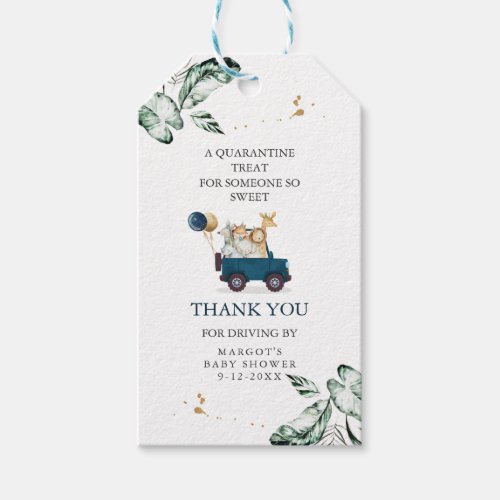 Safari Animals Drive By Baby Shower Greenery Gold Gift Tags