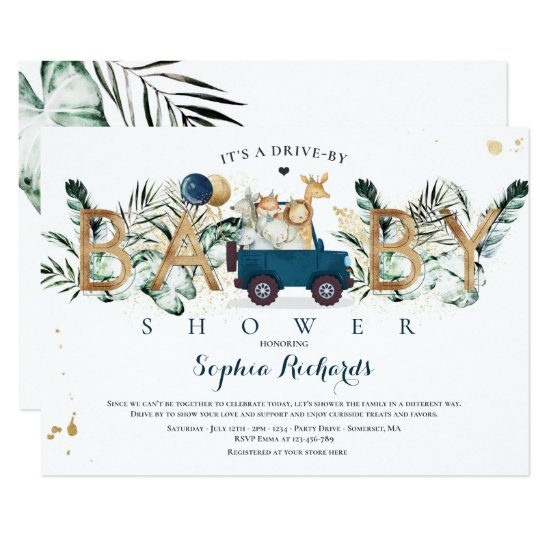 Safari Animals Drive By Baby Shower Greenery Gold Invitation