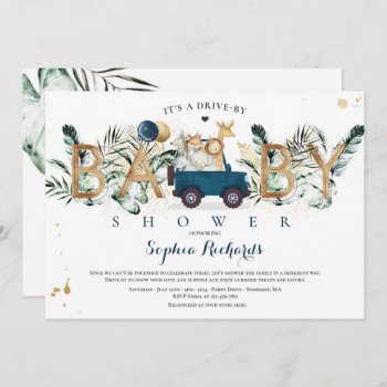 Safari Animals Drive By Baby Shower Greenery Gold Invitation by PixelPerfectionParty at Zazzle