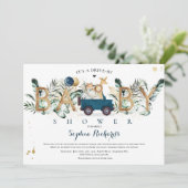 Safari Animals Drive By Baby Shower Greenery Gold Invitation (Standing Front)