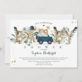Safari Animals Drive By Baby Shower Greenery Gold Invitation (Front)