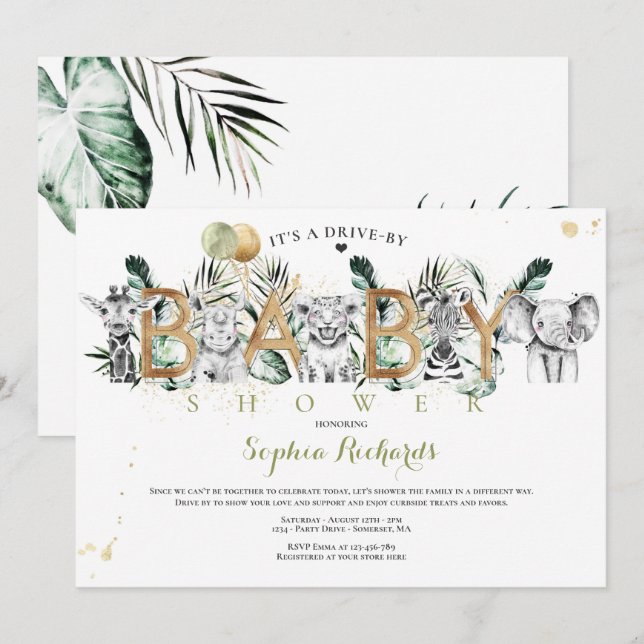 Safari Animals Drive By Baby Shower Greenery Gold Invitation (Front/Back)