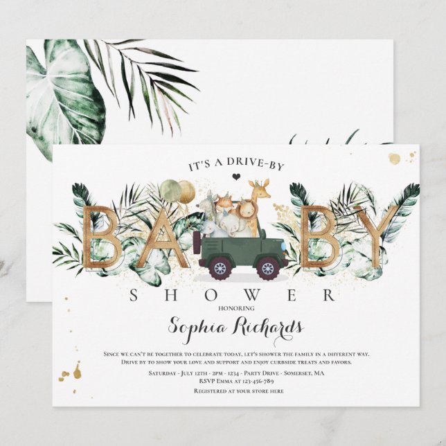 Safari Animals Drive By Baby Shower Greenery Gold Invitation (Front/Back)