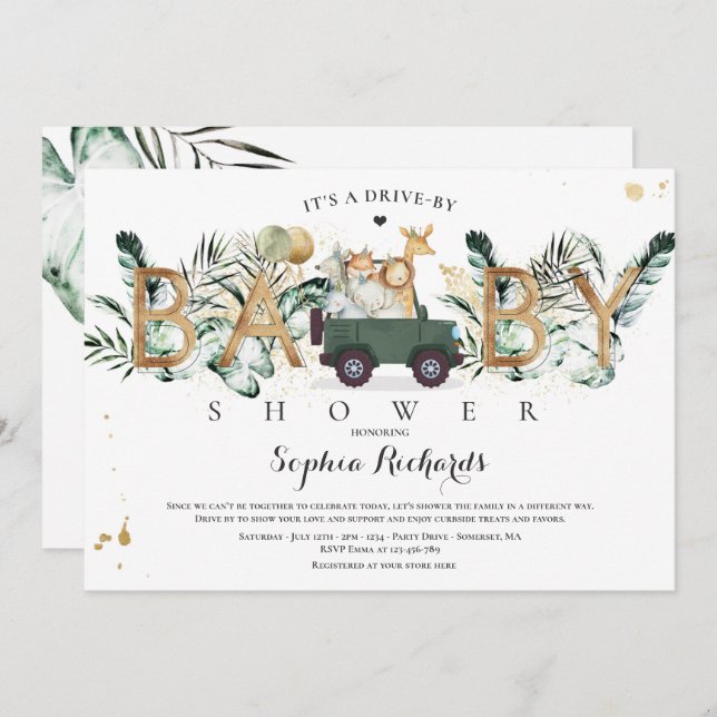 Safari Animals Drive By Baby Shower Greenery Gold Invitation (Front/Back)