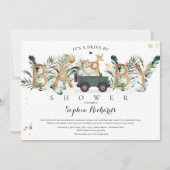 Safari Animals Drive By Baby Shower Greenery Gold Invitation (Front)
